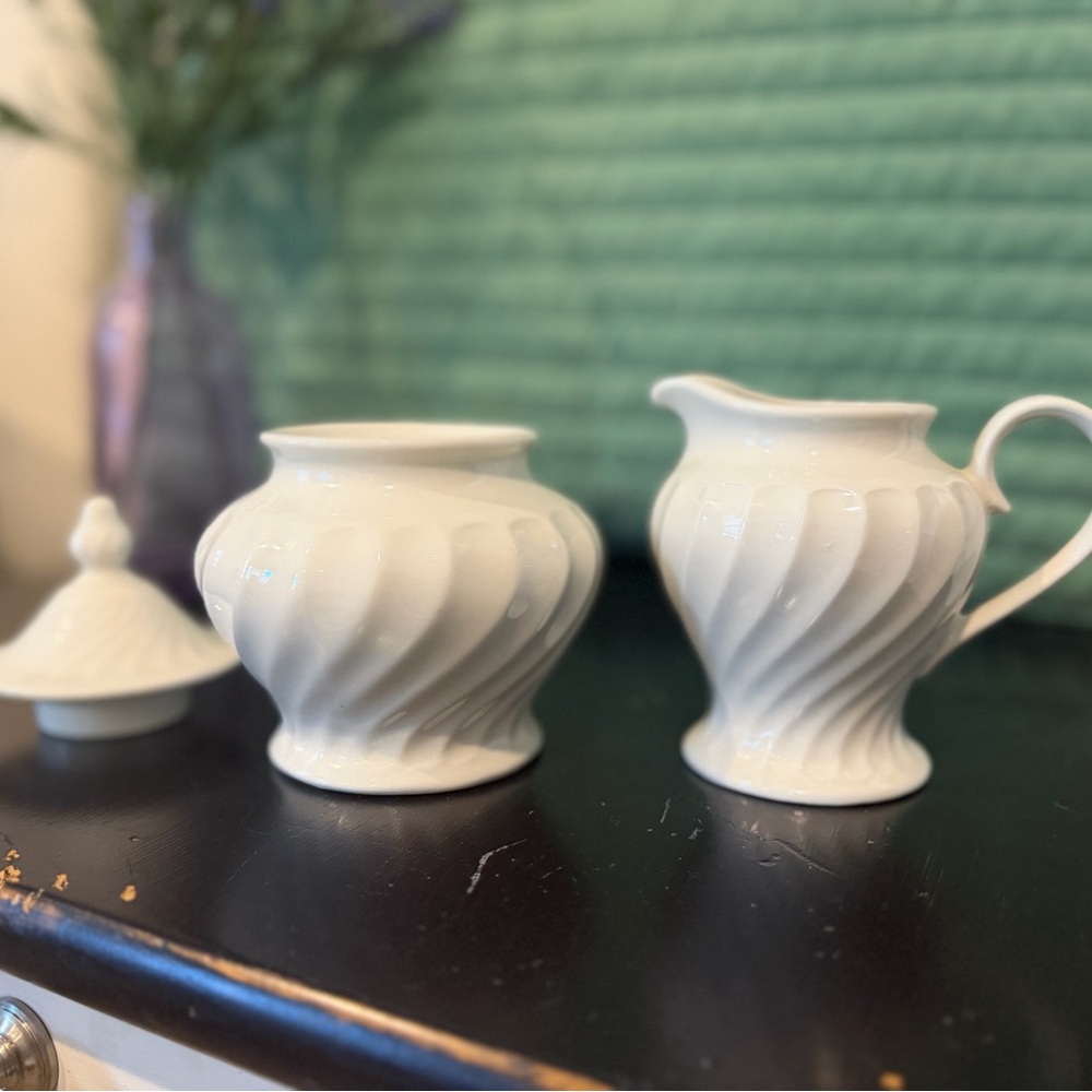 Ironstone White Swirl Ceramic Creamer and Sugar Set
